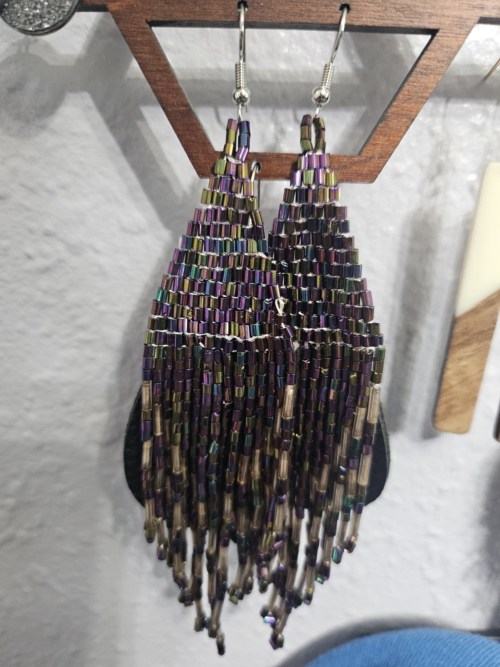 Handmade Iridescent Beaded Fringe Earrings - Multicolor